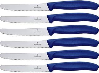 Victorinox Swiss Classic, Tomato and Table Knife, Set of 6, Extra Sharp, Wavy Edge, 11 cm, Stainless Steel, Blue