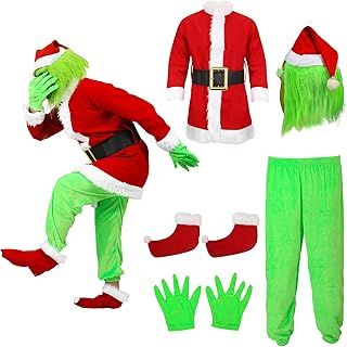 SINSEN 6PCS Grinch Costume Adult Christmas Santa Outfit Suit with Grinch Mask Gloves Hat Green Monster Funny Cosplay Fancy Dress for Men Women
