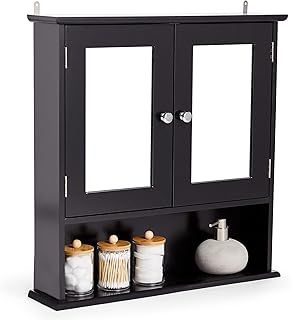 VonHaus Bathroom Mirror Cabinet – Black Bathroom Wall Cabinet with Storage - 2 Door Bathroom Cabinet with Mirror, 3 Internal Shelves & 1 Open Shelf - for Toiletries & Medicine - Shrewsbury