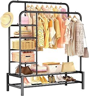 Clothes Rail Black Metal Coat Rack Freestanding Garment Rack Hanger With 6 Side Hooks and 2-Tier Lower Storage Shelf for Bedroom Home Office Indoor (Single Rail)