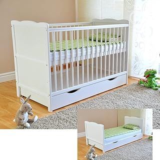 White Solid Wood Baby Cot Bed & Deluxe Foam Mattress Converts into a Junior Bed ✔ 3 Position ✔ water repellent mattress liner