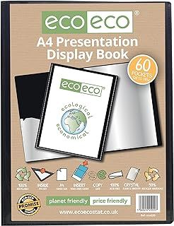 eco-eco A4 Size 50% Recycled 60 Pocket Black Presentation Display Book, Storage Case Portfolio Art Folder with Plastic Sleeves