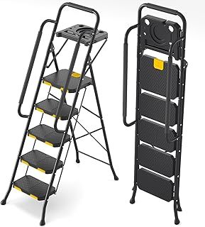 KINGRACK 5 Step Ladder, Step Ladder 5 Step Folding with Tool Tray and Safety Handrails, Lightwight Household Ladder for Your Kitchen, Pantry, Closets, Office Use