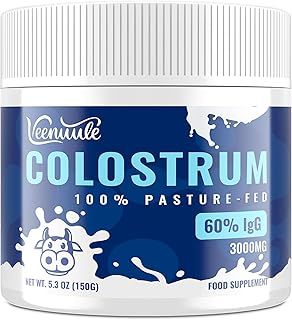 Veenuule Colostrum Powder Supplement, New Formula with 60% Natural IgG (Immunoglobulins), Grass Fed Cow Colostrum, Non-GMO, Unflavored 50 Servings