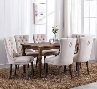 Luxury Velvet Dining Chairs Set of 6 Upholstered Knocker Wing Back Kitchen Dining Room Bedroom Chair with Oak Legs, Hand Made (Beige)