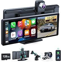 Wireless Car Stereo, 10.26 Inch Portable Car Audio,Carplay Screen with 4K Front + Rear 1080P Dual Camera Dash Cam，Wireless Car Play with Mirror Link/S-iri/AUX/128G TF
