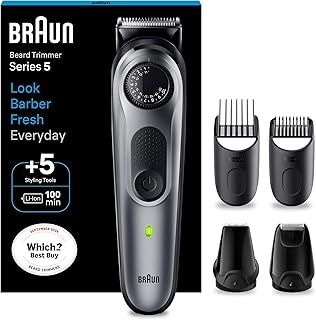 Braun Beard Trimmer Series 5 & Hair Clippers, Beard Trimmer Men Rechargeable, 40 Length Settings, 100-Min Cordless Runtime & Waterproof, BT5440, Silver, Black