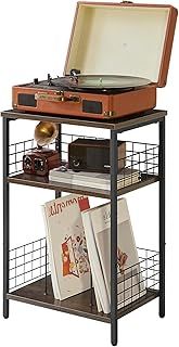YMYNY 3 Tier End Table, Record Player Stand with Storage, Industrial Tall Side Table, Small Bookshelf, Bookcase, Display Rack, Telephone Table for Living Room Bedroom 40×29×62.5CM Gray HST009G