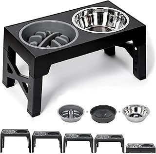 Raised Dog Bowl with Adjustable Stand, 3-in-1 Elevated Dog Bowl with Slow Feeder,Non-Spill Slow Water and Stainless Steel Bowls 5 Height Adjustable dog food stand for Small Medium Large Sized Dog