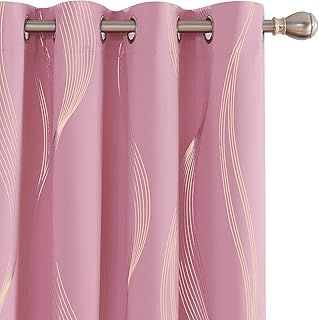 Deconovo Blackout Eyelet Curtains Thermal Insulated Gold Wave Line Foil Printed Curtains for Bedroom 66x54 Inch Pink 2 Panels