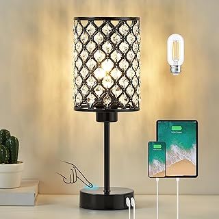 Crystal Table Lamp, Black Lamp for Bedroom Nightstand with USB C+A Ports, 3 Way Dimmable Touch Lamp with Crystal Shade, Bedside Lamp Small Lamp for Bedroom, Living Room, Office (Buld Included)