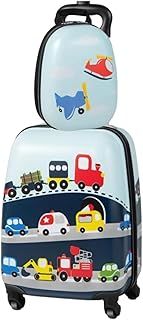 HOMFME 2 PCS Kids Luggage Set, 16 Inch Children Carry on Suitcase with 12 Inch Backpack, Adjustable Handle and Smooth Wheels, Hard Shell Boys Girls Trolley Case for Travel School (Cars, Blue)