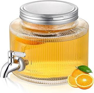 Drink Dispenser for Refrigerator 2/3 Gallon (2.5L), ReaNea Glass Beverage Dispenser with Durable Stainless Steel Faucet, Spigot, Juice Jar with Lid, Mason Jar for Home