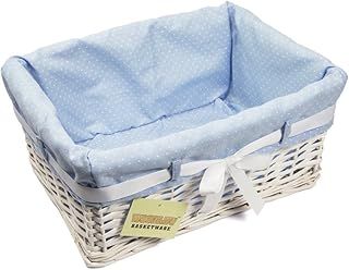 Woodluv Rectangular White Willow Wicker Hamper Storage Basket-With Blue Fabric & Ribbon (Gift Hamper Basket) -Medium