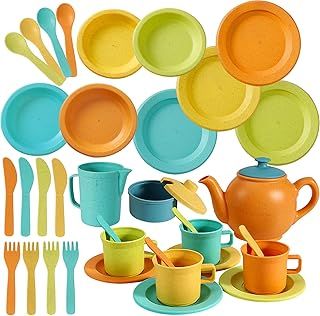 AOLEVA Kids Tea Set and Kitchen Accessories for Ages 3 4 5+ Years Olds, Plastic Pretend Role Play Kitchen Toy Tea Cups, Play Dish Plates Cutlery Dinner Set Gifts for Children Toddler Kids