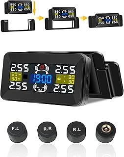 【Newest】TPMS Tyre Pressure Monitoring System Wireless Solar Large Display Tyre Pressure Monitor 21-87Psi Tire Pressure Auto Alarm System with 4 External Sensors Universial