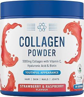Applied Nutrition Collagen Powder - Strawberry & Raspberry Flavour - 5000mg Hydrolysed Bovine Flavoured Collagen Peptides with Vitamin C, Hyaluronic Acid & Biotin (165g - 30 Servings)