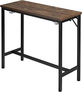 Bar Table, Kitchen Table with Glass Holders and Hooks, Black Narrow Table with Black Steel Frame, Coffee Table for Dining, Work, Study SBST0677