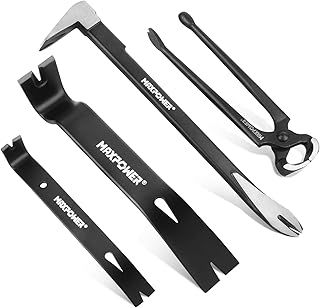 MAXPOWER Pry Bar/Nail Puller Set 4-Piece, 300mm Crowbar Claw Nail Puller, 260mm Wonder Pry Bar Wrecking Bar, 190mm Mini Utility Bar and 250mm Carpenters Pincer