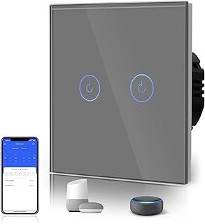 BSEED Smart WiFi 2 Gang 1 Way Alexa Switchable Switches Grey, Glass Panel Wall Light Switch, Voice/App Control Sharing WiFi Switches(Neutral Wire Required)