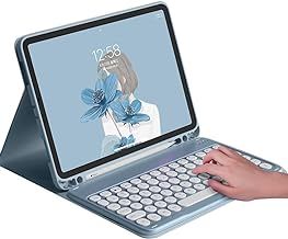 iPad 6th 5th Generation Air 2 Pro 9.7 inch Keyboard Case Cute Round Key iPad Air 3rd Gen Pro 10.5" Color Keyboard Wireless Removable BT Keyboard Cover with Pencil Holder (Blue)