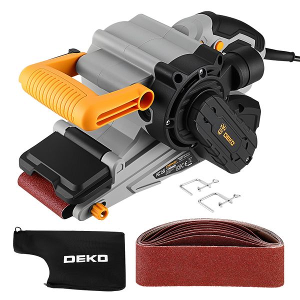 DEKOPRO 1010W Belt Sander, Electric Sander with 76x533mm Sanding Belts and Dust Bag, 120-400m/min Variable Speed, 10PCS Sandpapers & 2PCS Metal C Clamps for Wood Metal Furniture Sanding