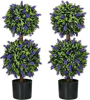 HOMCOM Set of 2 Decorative Artificial Plants Ball Trees with Lavender Flowers in Pot Fake Plants for Home Indoor Outdoor Decor, 70cm, Green