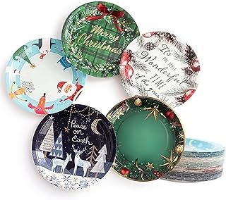 50pcs Disposable Christmas Party Paper Plates in 5 Assorted Designs Paper Tableware 9inch, Oil and Water Resistant Microwaveable Freezer Safe, Recyclable and Biodegradable