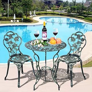 COSTWAY 3 Pieces Patio Bistro Set, Cast Aluminum Antique Weather Resistant Chairs and Table with Umbrella Hole, Antique Bronze Finish Garden Furniture Set Outdoor Dining Set, Rose Design (White)