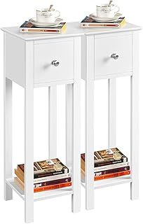 Yaheetech White Slim Bedside Table Set of 2, Narrow Wooden Nightstand with Drawer & Shelf, Tall Telephone Sidetable for Bedroom Living Room Hallway, 25x25x70cm