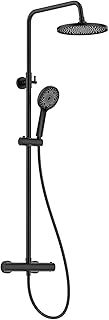 FORIOUS Thermostatic Shower Mixer Set - Stainless Steel Bar With Adjustable Height Rod, 25cm Round Overhead Rainfall, 3 Jet Types Hand Shower - Black System