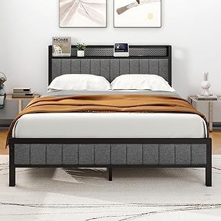 King Size Bed Frame with Wooden Storage Headboard Shelf, Upholstered Bed Frames King Size with Metal Slats Enhanced Support, No Box Spring Needed, Gray King Bed