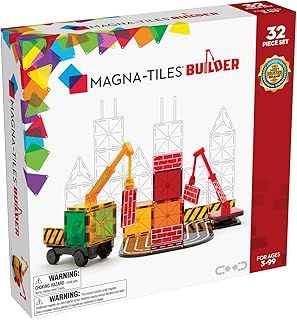 Magna-Tiles Builder 32 Piece Set, The Original Magnetic Building Tiles For Creative Open-Ended Play, Educational Toys For Children Ages 3 Years + (32 Pieces) (21632), Clear Colors