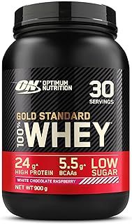 Optimum Nutrition Gold Standard 100% Whey Muscle Building and Recovery Protein Powder With Naturally Occurring Glutamine and BCAA Amino Acids, White Chocolate Raspberry Flavour, 30 Servings, 900 g