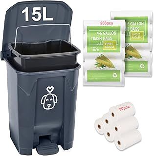 Outdoors Dog Poop Trash Can with Lid & 290PCS Waste Bags, Cute Dog Waste Trash Can for Dog Poop, Yard, Home, Garden, Kitchen, 15 Litre Grey Step with Removable Inner Bin, AG, GB