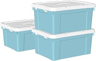 Cetomo 35L*3 Storage Boxes, Carry Plastic Storage Box with Lids, Organizing Container with Handle and Secure Latching Buckles, Stackable, Nestable, Tote Bin for Home Office Clothes, 35L-3Pack, Blue