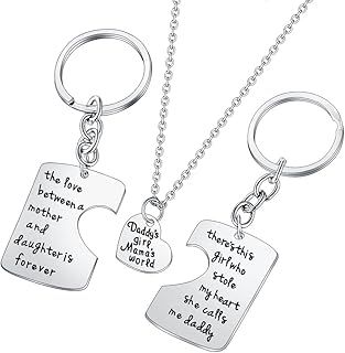 Father's Day & Mother's Day Gifts: 3-Piece Puzzle Necklace & Keyring Set - Mum, Dad & Daughter Keyrings, Heart Necklace - Birthday Presents