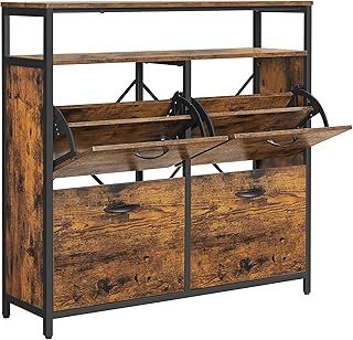 VASAGLE Shoe Cabinet, Hallway Shoe Box with 4 Rocker Doors, Narrow Shoe Storage with Divider for 12-20 Pairs of Shoes, 98.5 x 30 x 95 cm, Rustic Brown and Black LBS803B01