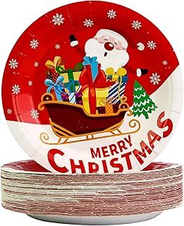 50 PCS Christmas Paper Plates 7 Inches Disposable Party Tableware, Colorful Christmas Party Supplies Tableware Set Dinnerware for Decorations