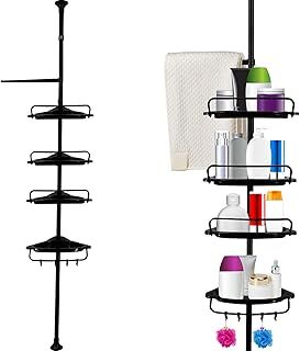 Crystals 4-Tier Corner Shower Caddy – Adjustable Telescopic Bathroom Organizer, 95-300 cm Corner Shower Shelf, Space-Saving Storage for Toiletries, Durable Design (Black)