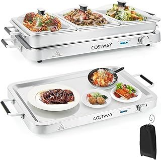 COSTWAY 2 in 1 Electric Buffet Server, 3 x 2.5L Food Warmer with Warming Plate Function, Adjustable Temperature Control, Transparent Lids and Storage Bag, 450W Dual Function Hot Plate Chafing Dish
