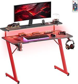 SONGMICS HOME Gaming Desk with LED Lights, Z-Shaped Computer Desk with Monitor Stand, Cup Holder and Headphone Hook, for Home Office, Carbon Black and Ruby Red LWD099B01