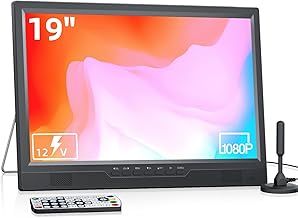 19 Inch Portable TV with freeview Antenna, 1080P LED Small TV with HDMI Input, AV Input, USB Port, Portable Monitor with Built-in Stand, 12V TV for caravan motorhome kitchen bedroom (No Battery)