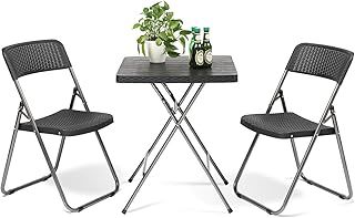 Sekey Beer Tent Set Folding Camping Table Set, 2 x Beer Benches & 1 x Beer Table, 180 cm Beer Table Set, 3-Piece Garden Furniture Set, Wood Grain, Black