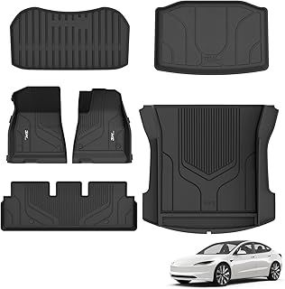 3W Floor Mats & Boot Liner Fit for Tesla Model 3 2021 2022 2023, All Weather TPE Dog Friendly Mats, Custom Fit Tesla Model 3 Car Liner, Waterproof Non Slip, Easy to Install Car Accessories (6 PCS)