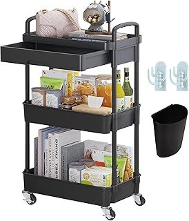 3 Tier Storage Trolley on Wheels With Drawer - Plastic Beauty Rolling Utility Cart for Home Kitchen Bathroom Laundry Office - Black