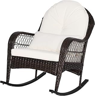 RELAX4LIFE Garden Rocking Chair, Outdoor Lounge Rattan Chair with Lumbar Pillow & Cushion, Wicker Relaxing Rocker Armchair Seat for Patio Poolside Backyard (White)