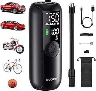 Woowind LP1 Tyre Inflator Air Compressor, 150 PSI, Bike Pump, Auto Cut Off, Cordless Car Tyre Inflator with Schrader, Presta, Dunlop, Pressure Gauge for Car, Bicycle, Motocycle