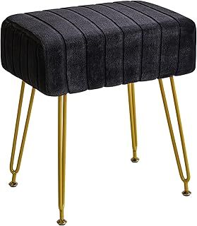Velvet Rectangular Footrest Ottoman, Makeup Vanity Stool Side Table, Dressing Table Seat, Pouf Couch Stool, Golden Steel Legs, Black L/G-51B