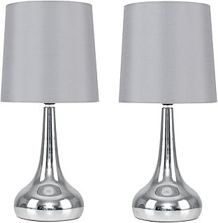 MiniSun | Modern Chrome Teardrop Touch Table Lamps with Grey Fabric Shades | Table Lamps, Home Décor & Improvement Essential | Set of 2